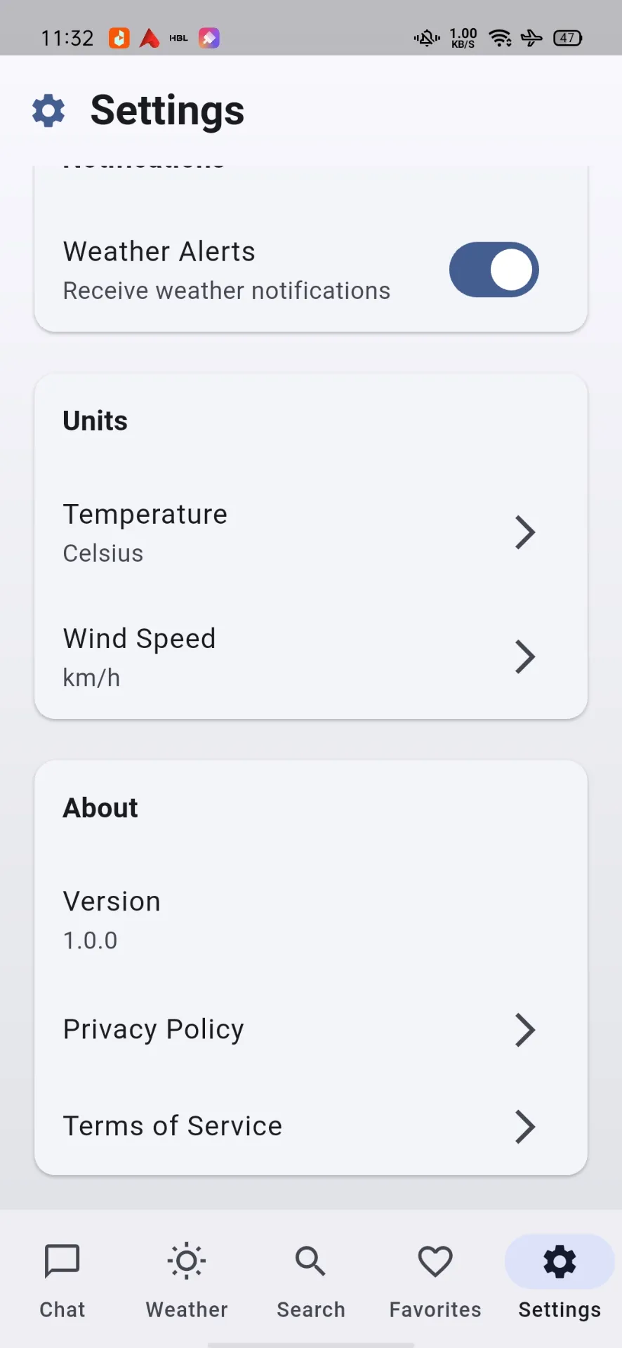 Settings - Units & About